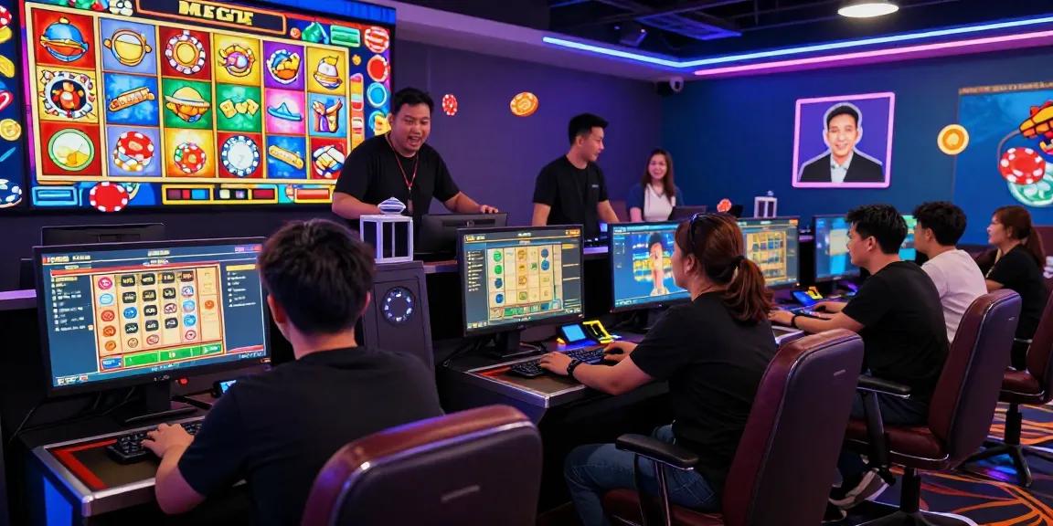 A thrilling situs slot gaming scene with players engaged in virtual slots, showcasing colorful reels and vibrant casino atmosphere.