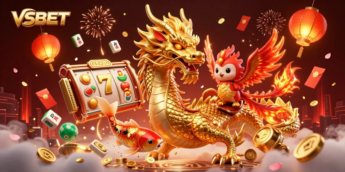 Engage with VSBET's thrilling gaming scene featuring a dragon, phoenix, and koi fish amidst slot symbols.