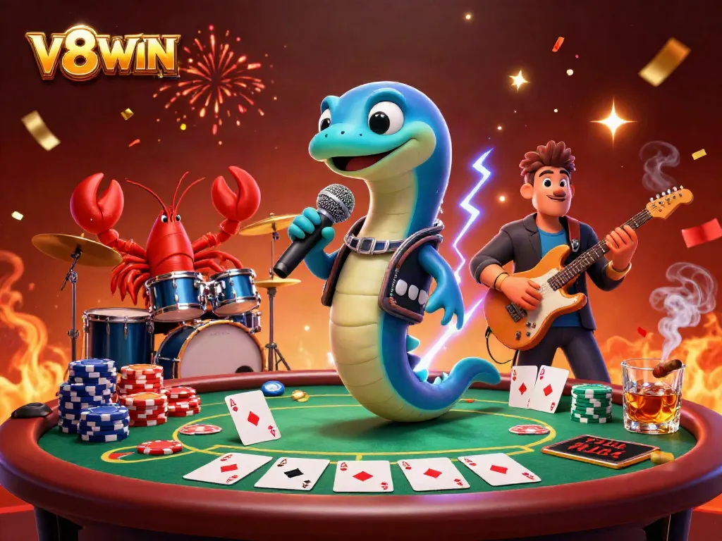 Watch the V8WIN electric eel DJ performing in an underwater casino stage surrounded by poker elements.