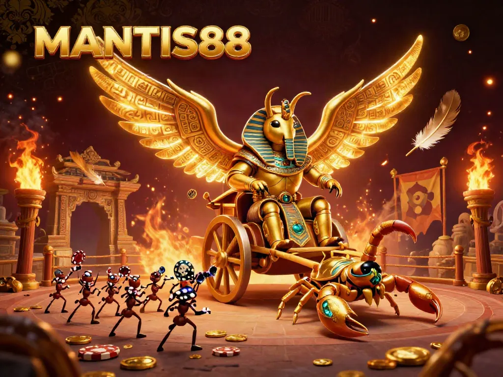 MANTIS88 showcases a dynamic scene featuring a golden scarab beetle and scorpion chariot amidst swirling golden feathers, emphasizing exciting online casino themes.