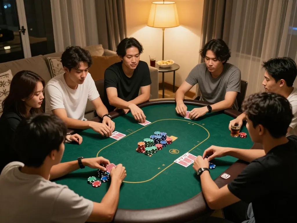 Sit at the poker table during a friendly game of situs toto with friends and chips, enjoying strategic gameplay.