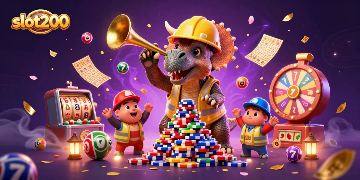 Slot200 menarik perhatian dengan triceratops membangun tumpukan chip poker dan elemen lotere berwarna-warni.
