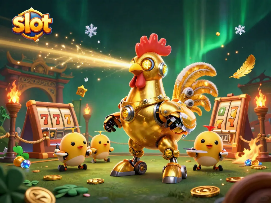 Engage in thrilling slot gameplay with a retro-futuristic golden rooster robot and adorable drones