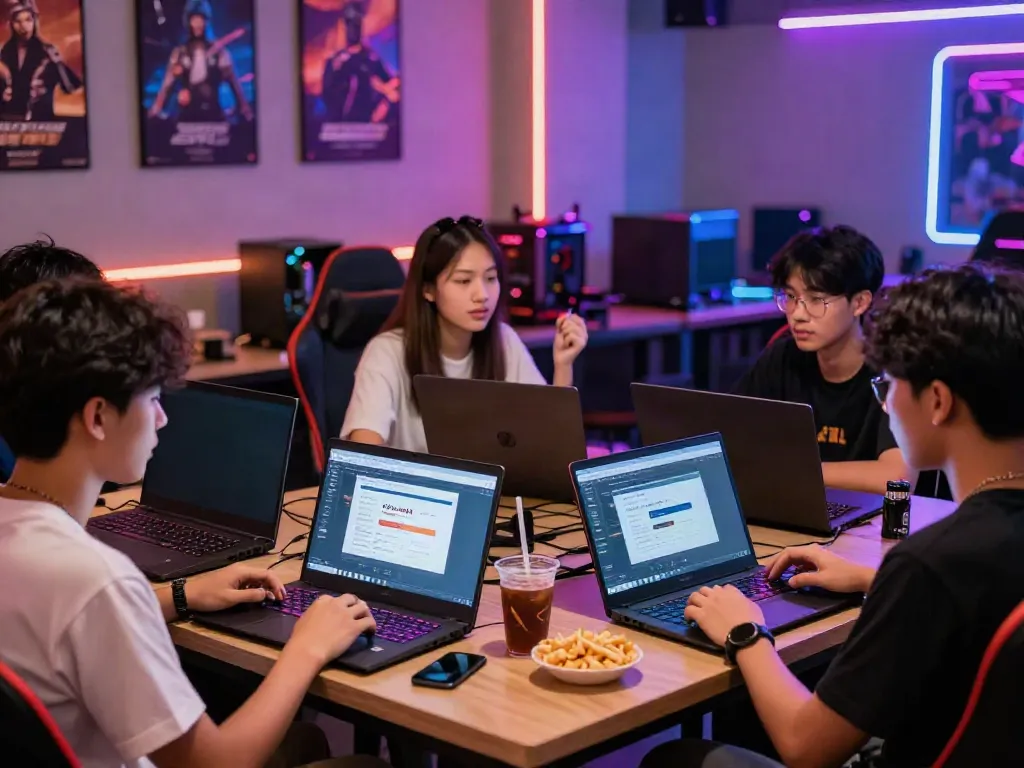 Aktivitas kelompok muda di lounge permainan dengan Dewitogel login alternatif terbuka di layar laptop.