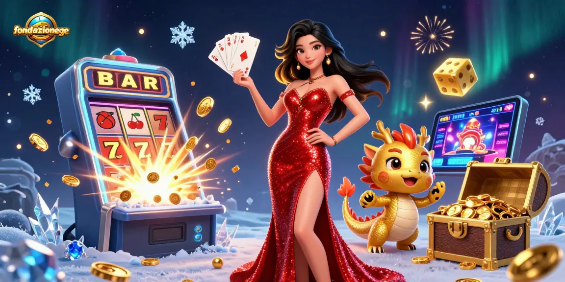 Engage with fondazionege's dynamic casino scene featuring a stylish woman and a playful dragon.