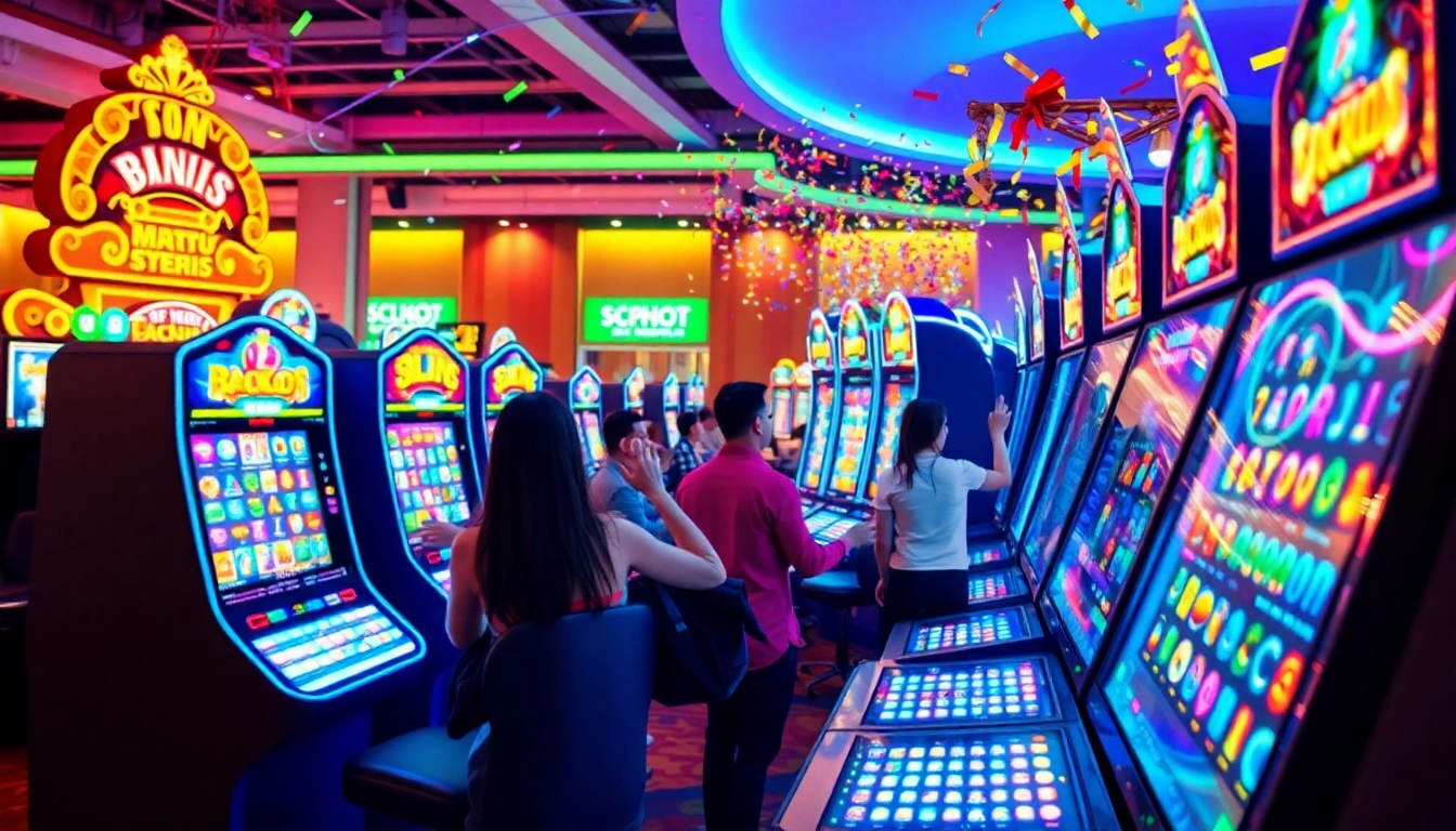 Exciting slot gacor experience with vibrant machines and joyful players celebrating wins.