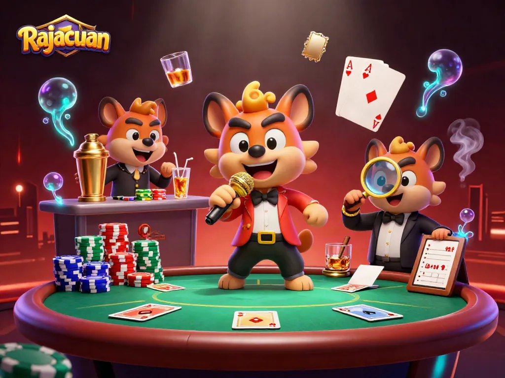 Rajacuan's dynamic casino scene features hyenas engaging in gambling activities with vibrant details.