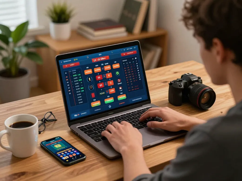 Player engaging with lô đề online game interface on laptop in cozy home office setting, showcasing responsible gambling.