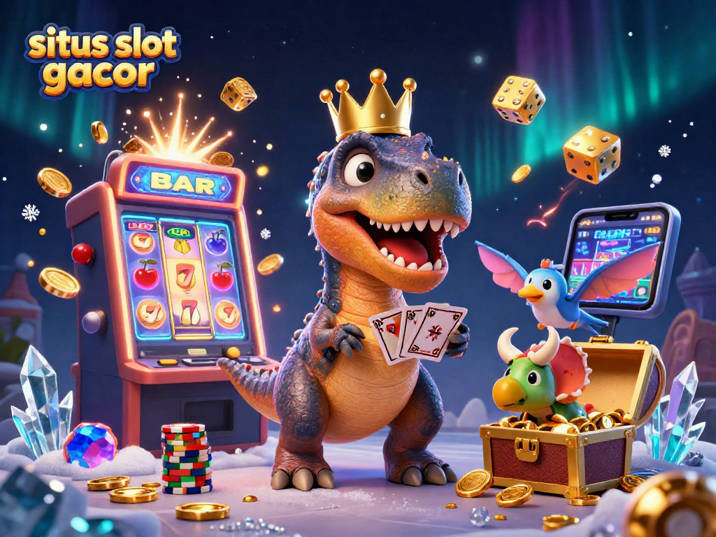 Experience situs slot gacor with a lively illustration of casino characters and games bursting with excitement.