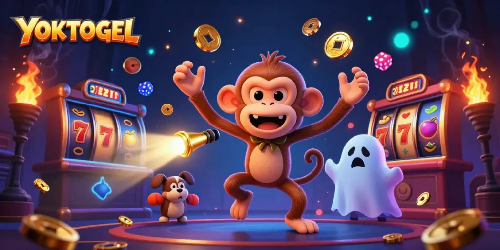 Engage in thrilling gameplay with YOKTOGEL as the ghostly poltergeist juggles winnings in a vibrant casino scene.