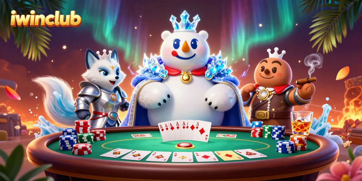 Players engage with iwinclub in a vibrant 3D casino scene featuring royal characters and poker elements.