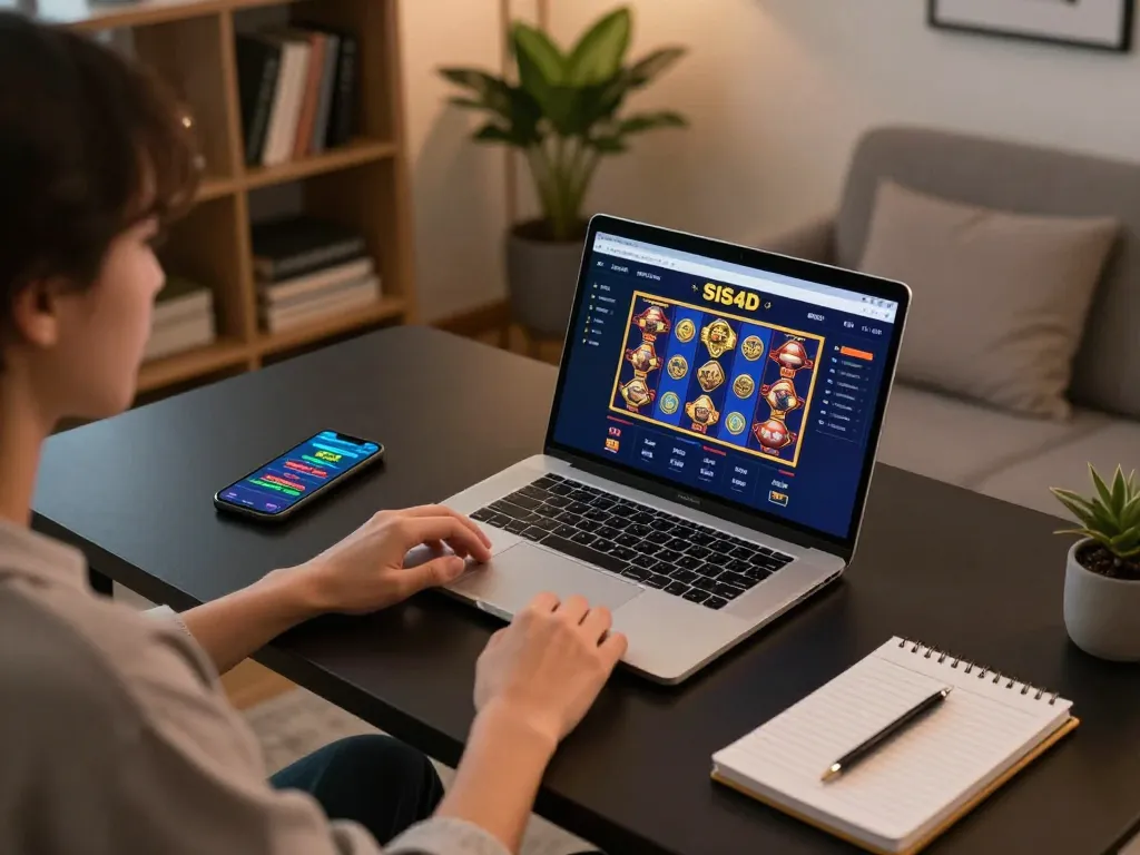 Enjoying SIS4D slot games on a sleek laptop at home, with gaming strategies visible.