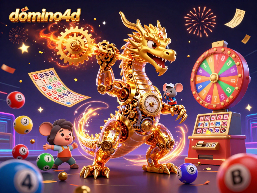 Permainan domino4d ditandai dengan naga emas mekanik dan bola lotere berwarna-warni dinamis.