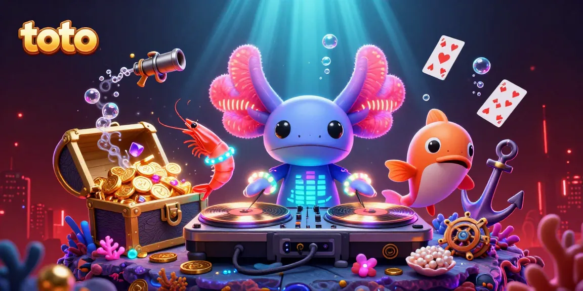 Engage with toto in a vibrant underwater casino scene featuring a colorful DJ and lively characters.