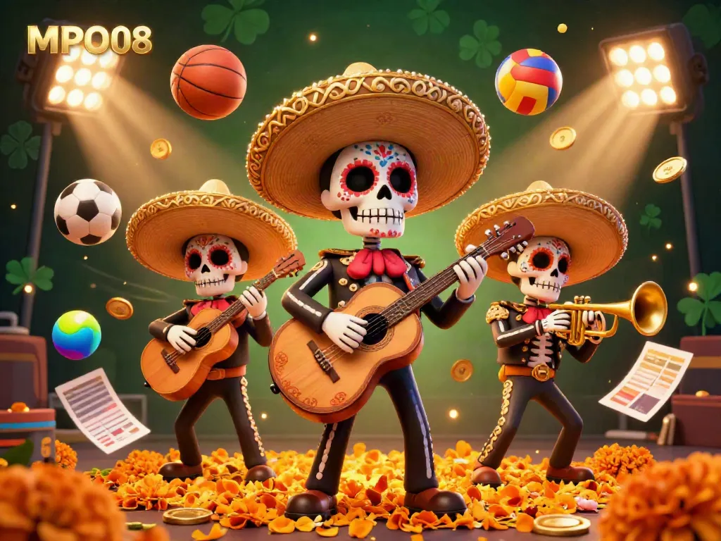 MPO08 mariachi band in a vibrant casino scene with sports elements, enhancing the gambling atmosphere