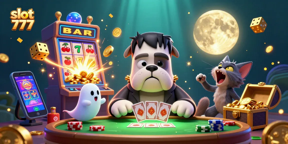 Spin massive slot 777 as the cartoon bulldog dealer engages players at a spooky casino table.