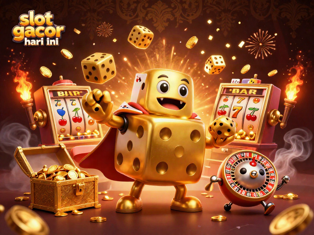 Engage with slot gacor hari ini through a dazzling casino scene featuring a golden dice golem and jackpot elements.