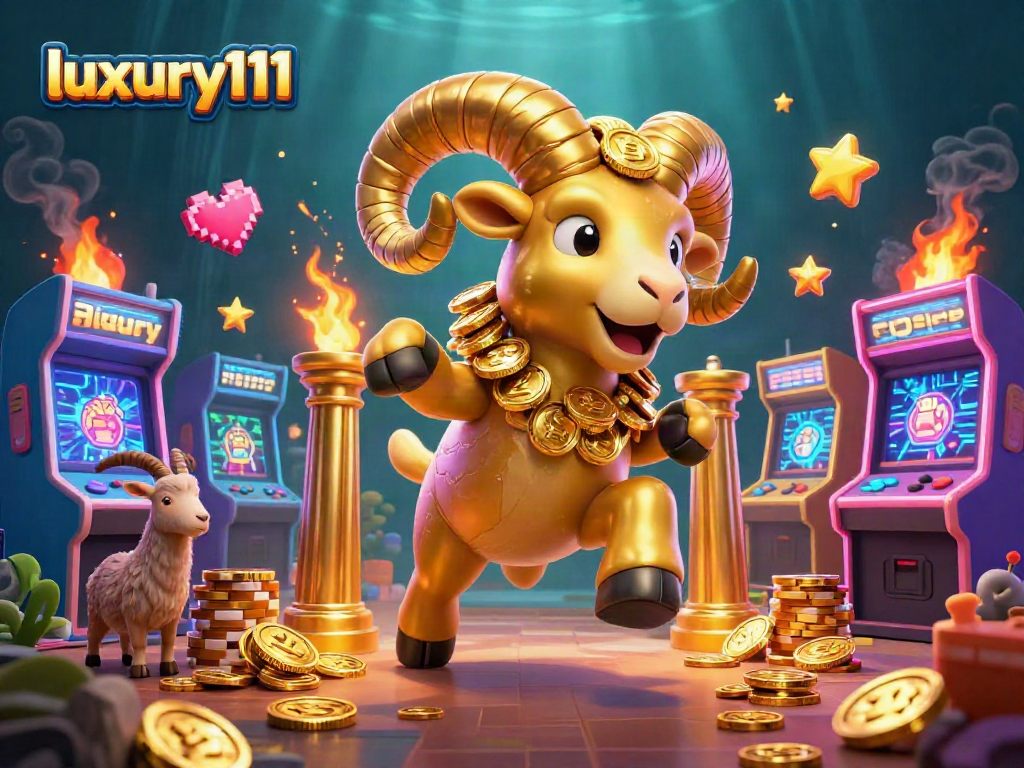 Experience luxury111 in this vibrant casino scene featuring a golden ram and arcade games.