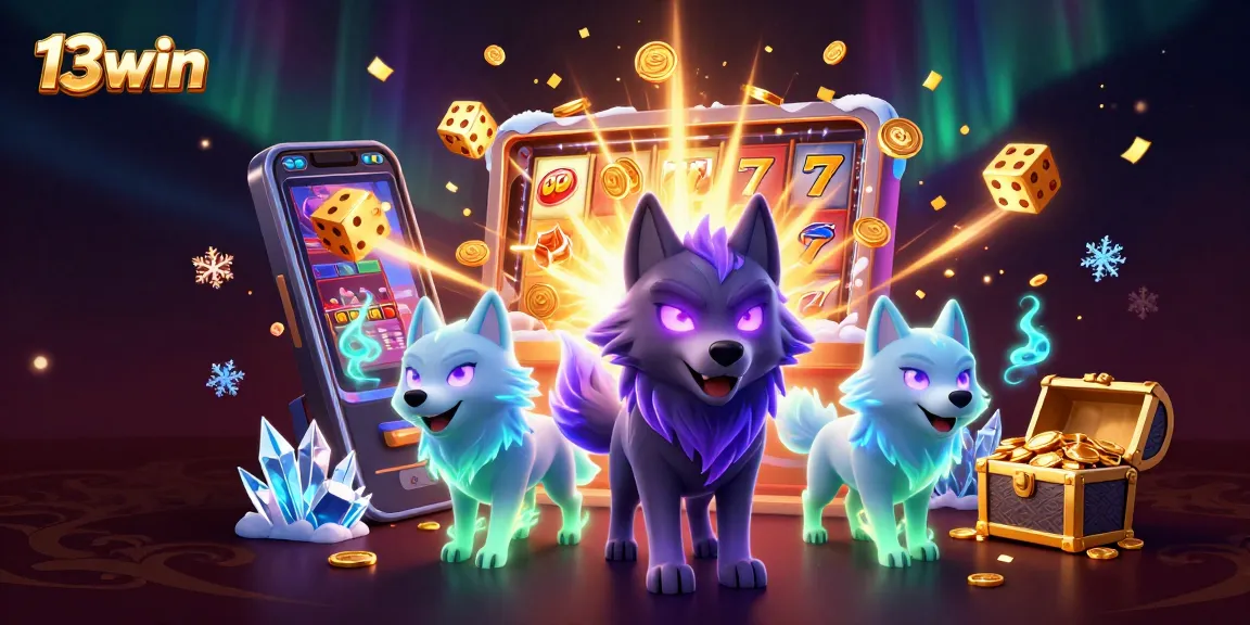 Experience the thrill of 13win with a dynamic casino scene filled with slot machines and wolves.