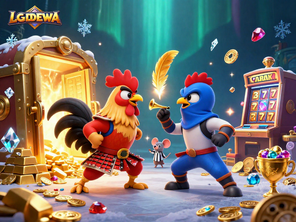 Experience the excitement of LGODEWA with a dynamic rooster clash in a vibrant casino setting.