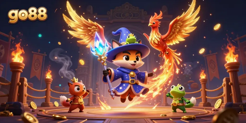 Experience the thrill of go88 with a mystical 3D wizard fox, phoenix, and vibrant casino elements.