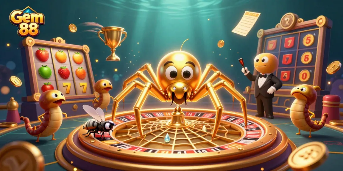 Engage with Gem 88 as a 3D spider spins a roulette wheel amidst vibrant casino elements.