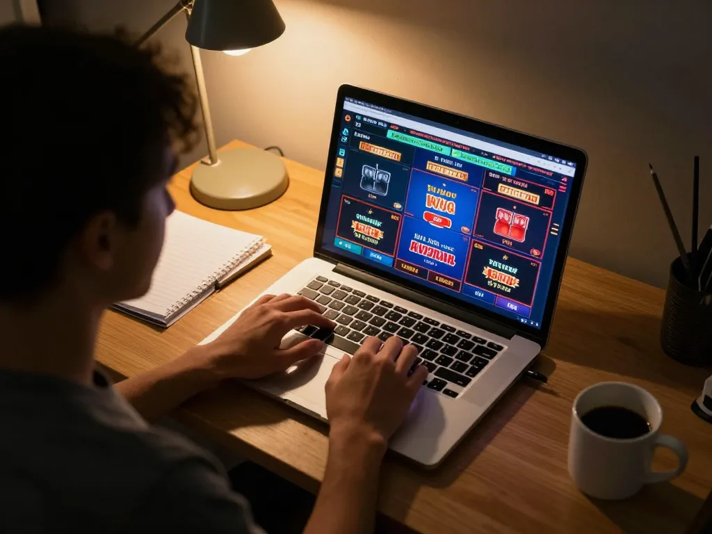 King88 online gaming session with intense focus on the laptop screen showing casino games