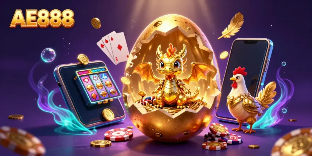 Experience the thrilling world of AE888 with a golden dragon and poker chips in an enchanting 3D casino scene.