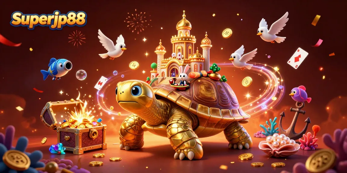 Experience thrilling wins at superjp88 with a golden tortoise casino palace, exciting card games, and golden coin treasure.