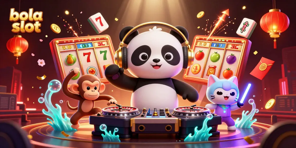 Engage in thrilling bola slot games with lively characters in a vibrant casino scene.