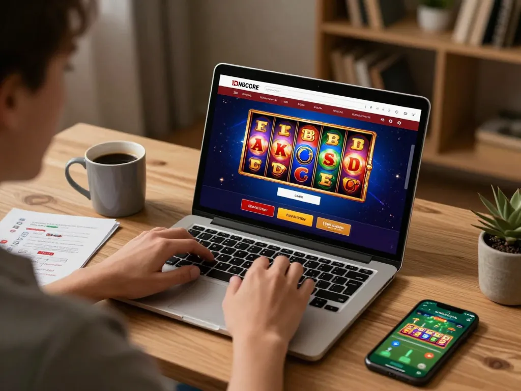 IDNSCORE LOGIN interface displayed on laptop while engaging in online casino gaming.