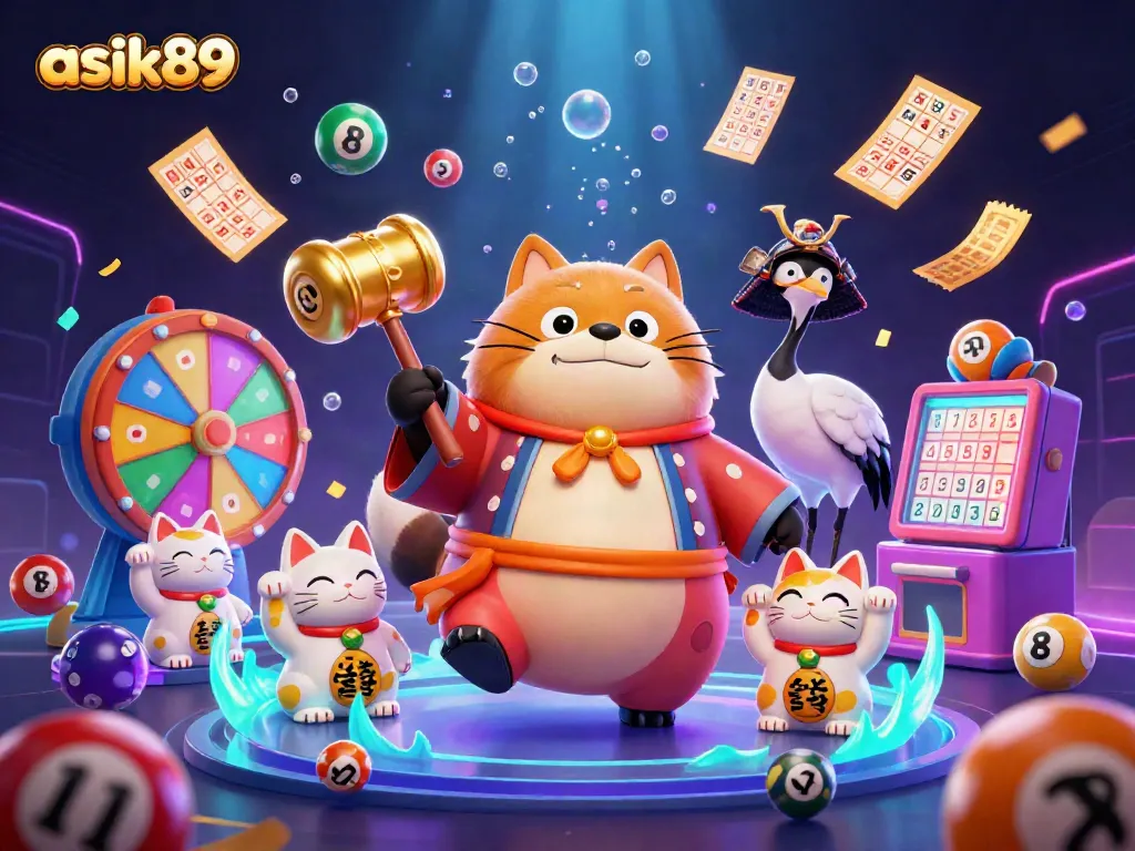 Engage with asik89's dynamic gaming world featuring a cheerful tanuki, arcade elements, and lucky fortune cats.