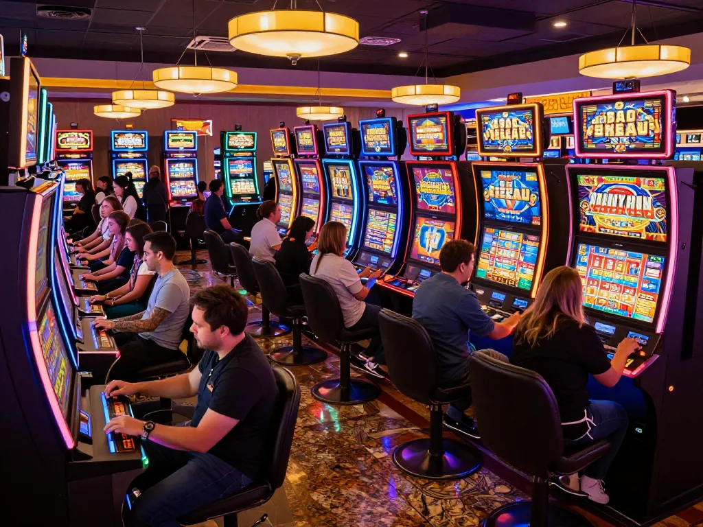 KADAL 778 players spin slots in colorful casino atmosphere, excitement captured in vivid gaming scene.