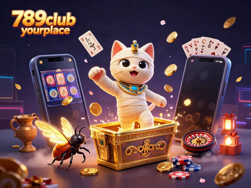 Engage with the thrill of 789club yourplace as an Egyptian mummy cat bursts from a gold sarcophagus in a vibrant casino.