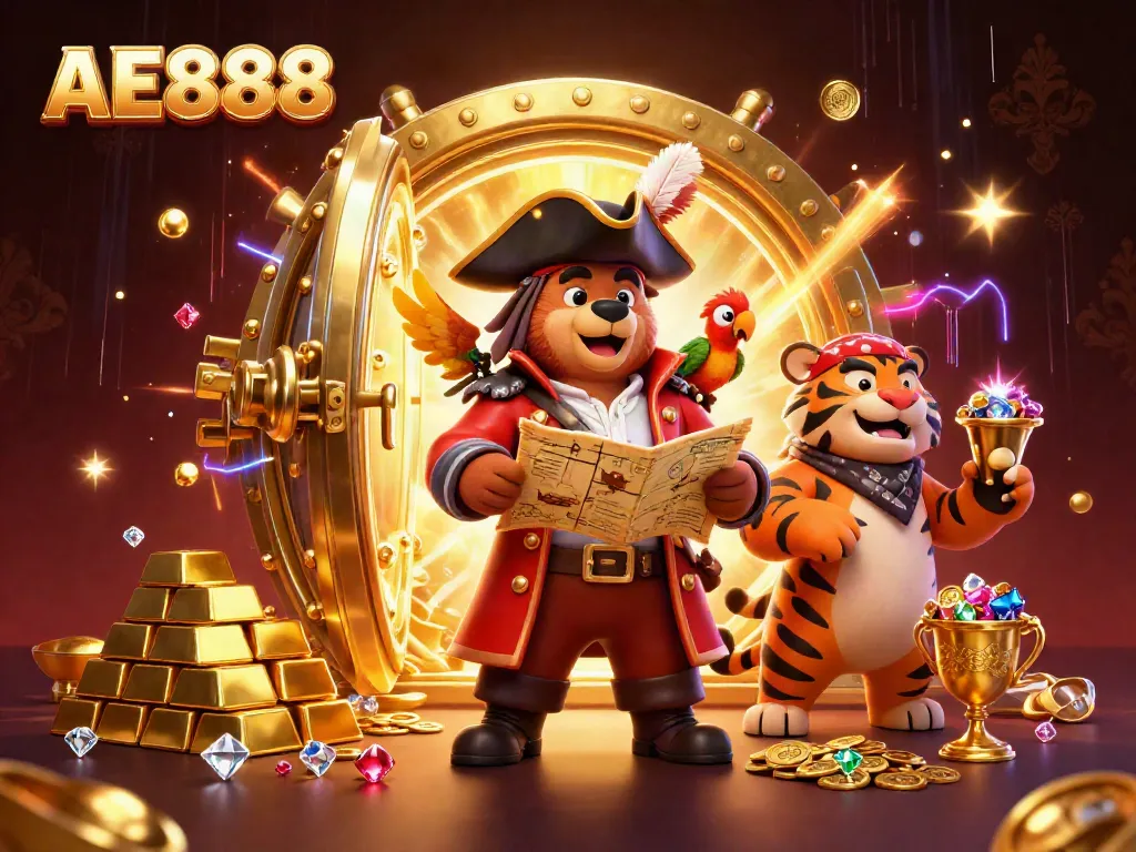 Experience the thrill of winnings at AE888 with a dynamic pirate-themed casino scene.
