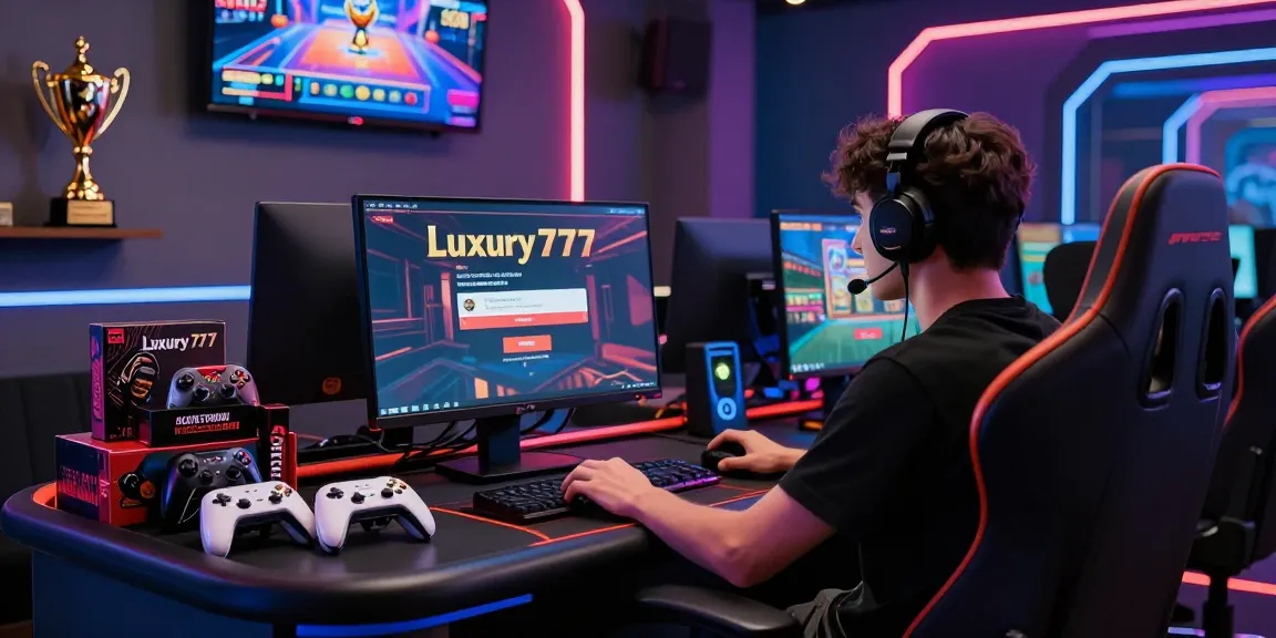 Proses Cara Login LUXURY777 dengan gamer di ruang permainan mewah menggunakan headset dan aksesori gaming.