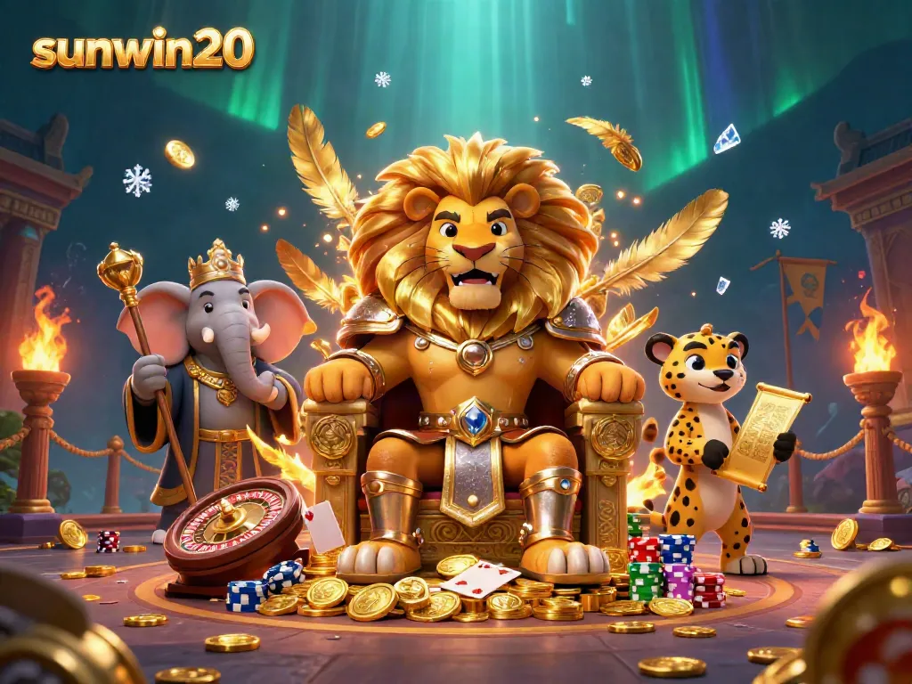 Engaging scene showcasing sunwin20 with a fierce lion king and live casino elements, emphasizing excitement.