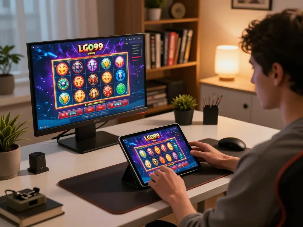 LGO99 app gameplay on a tablet in a cozy online gaming setup, highlighting strategic gambling.