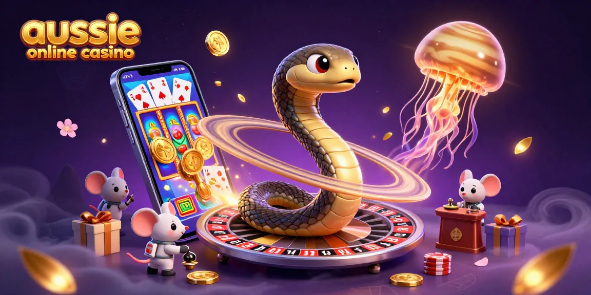 Aussie online casino scene featuring a Saturn-ring snake and astronaut mice betting, with cosmic elements and dynamic game features.