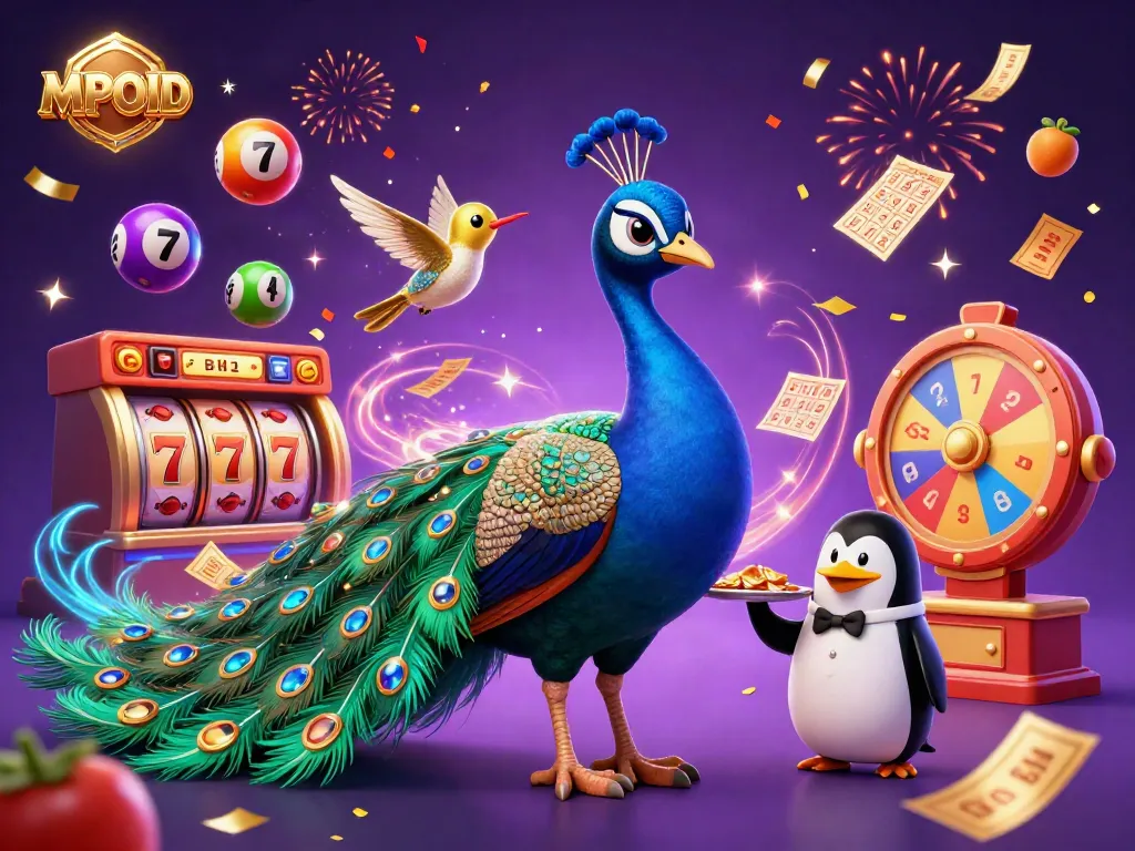 MPOID offers dynamic casino fun with colorful slot reels and characters celebrating winning moments.