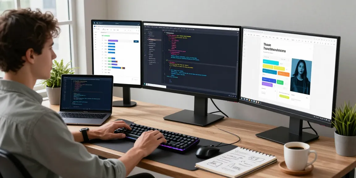 Dynamic workspace with a website developer near me coding on multiple screens, showcasing tech gadgets and urban skyline.