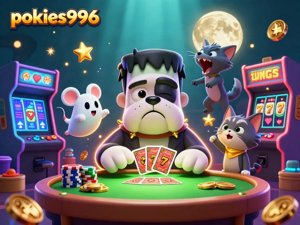 Win big with pokies996 as a Frankenstein bulldog deals cards in a spooky casino scene
