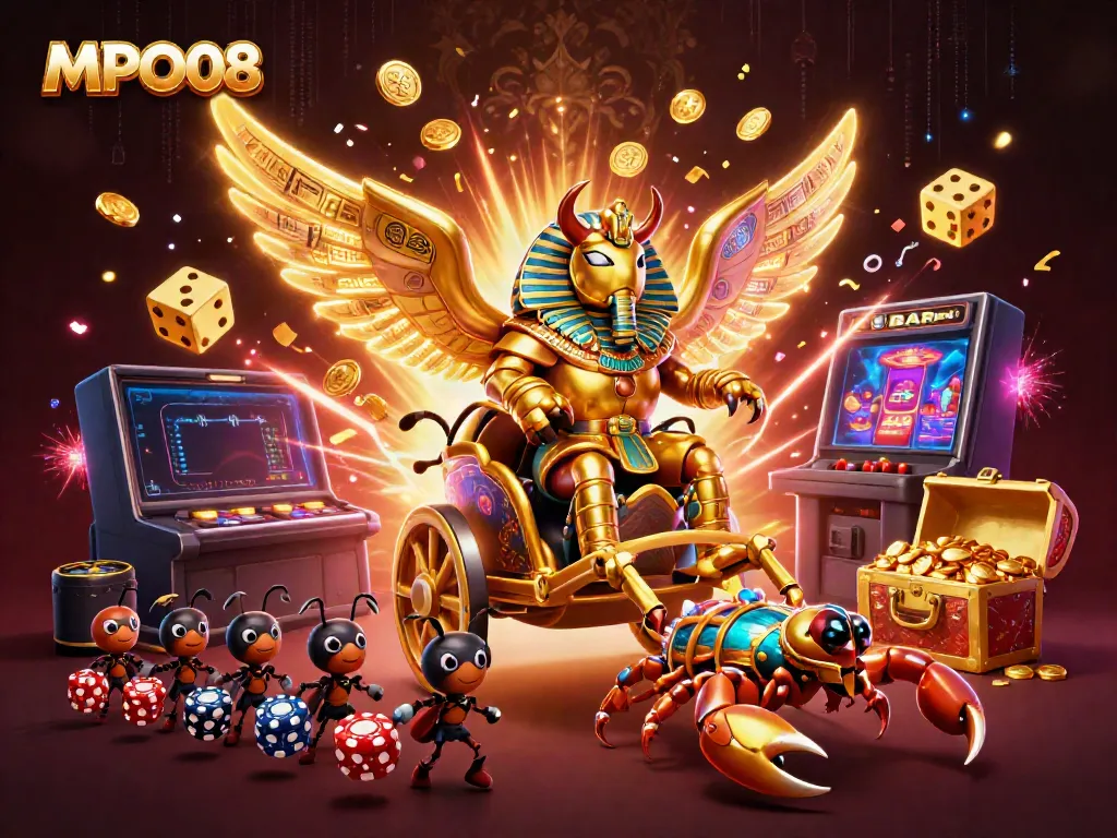 MPO08 showcases a vibrant scene with a golden scarab beetle in casino-themed action.