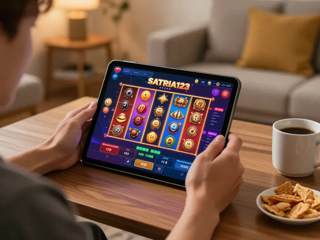 SATRIA123 player engaging in online casino gaming on a tablet with a cozy home setup.