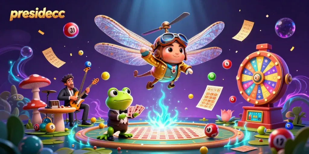 Experience presidencc's vibrant lottery action with a dragonfly pilot and frog croupier at a lily pad casino.
