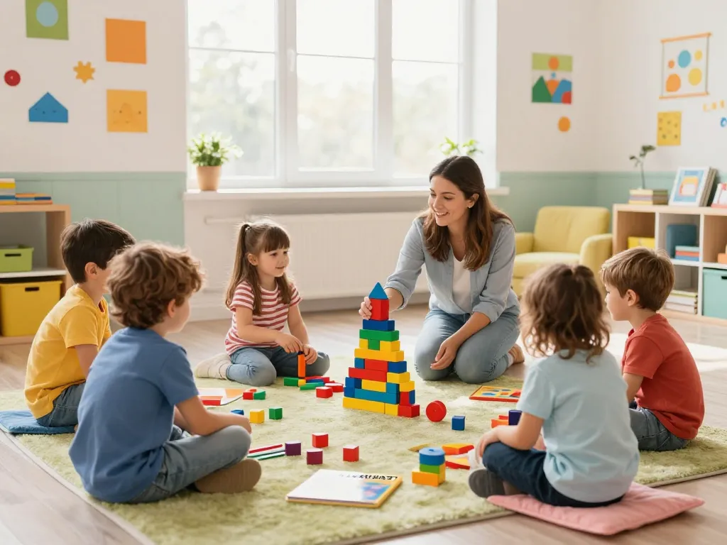 Children engaged in interactive RAKUN77 educational activities in a bright classroom.