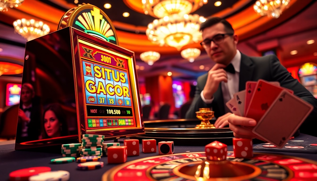 Situs Gacor ditampilkan pada mesin slot yang cerah di tengah-tengah chip poker berwarna-warni dan dadu.