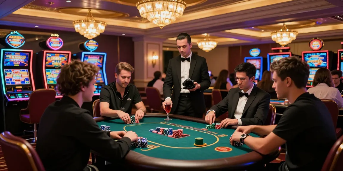 Suasana permainan mewah LUXURY777 di kasino dengan pemain sedang bermain poker dan slot mesin yang berkilau.