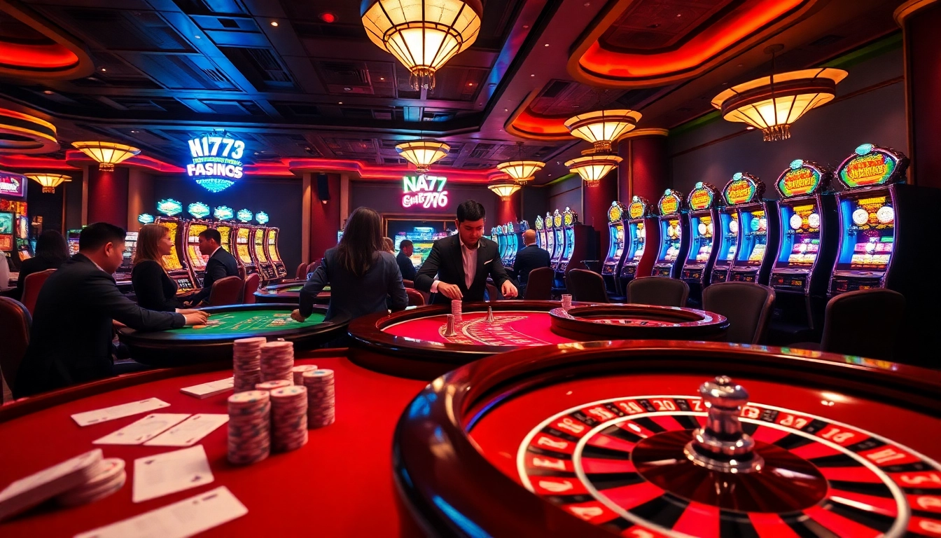 Experience thrilling casino gameplay at NA777 with professional dealers and vibrant slot machines.