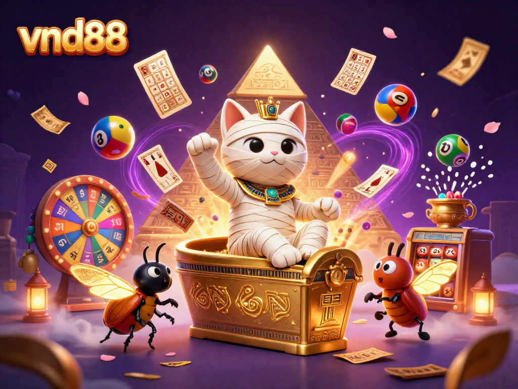 Experience the excitement of vnd88 with a magical casino scene featuring an Egyptian mummy cat and lottery elements.